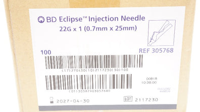 BD 305768 Eclipse Injection Needle 22G x 1 - Box of 100